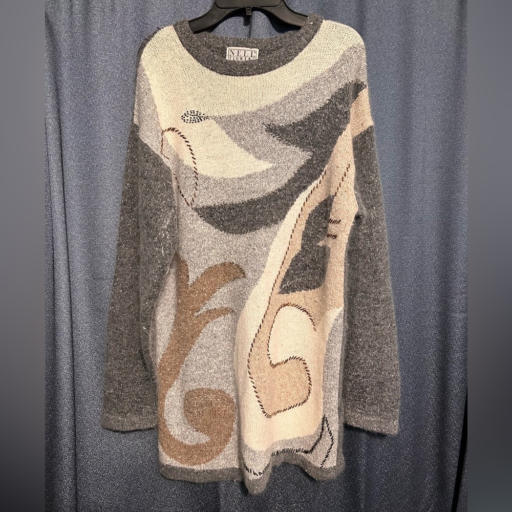 1980s Vintage Nell Flowers Beaded Sweater, Neutral Tones, Size Medium